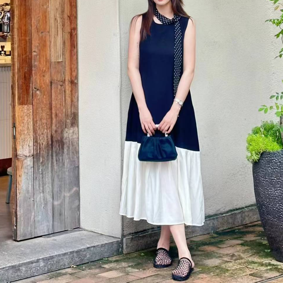 主播扣号非主图拼接无袖常规吊带套头通勤连衣裙