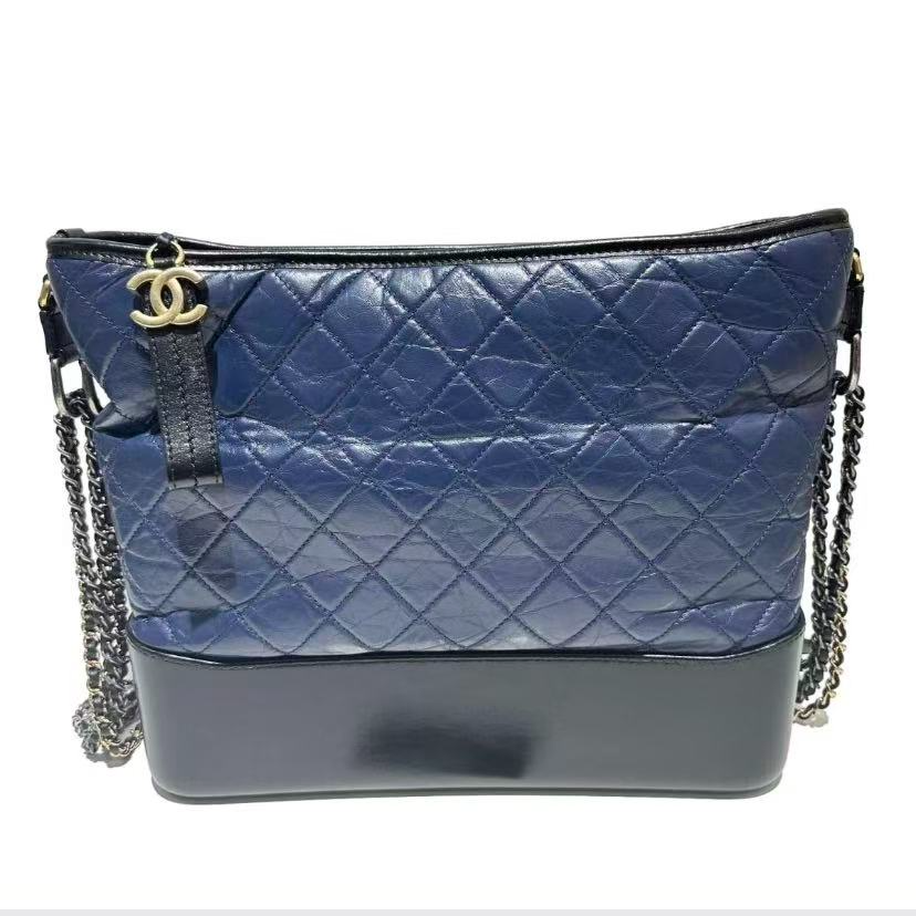 99新 Chanel/香奈儿 98新大号流浪蓝拼黑全皮单肩斜挎包