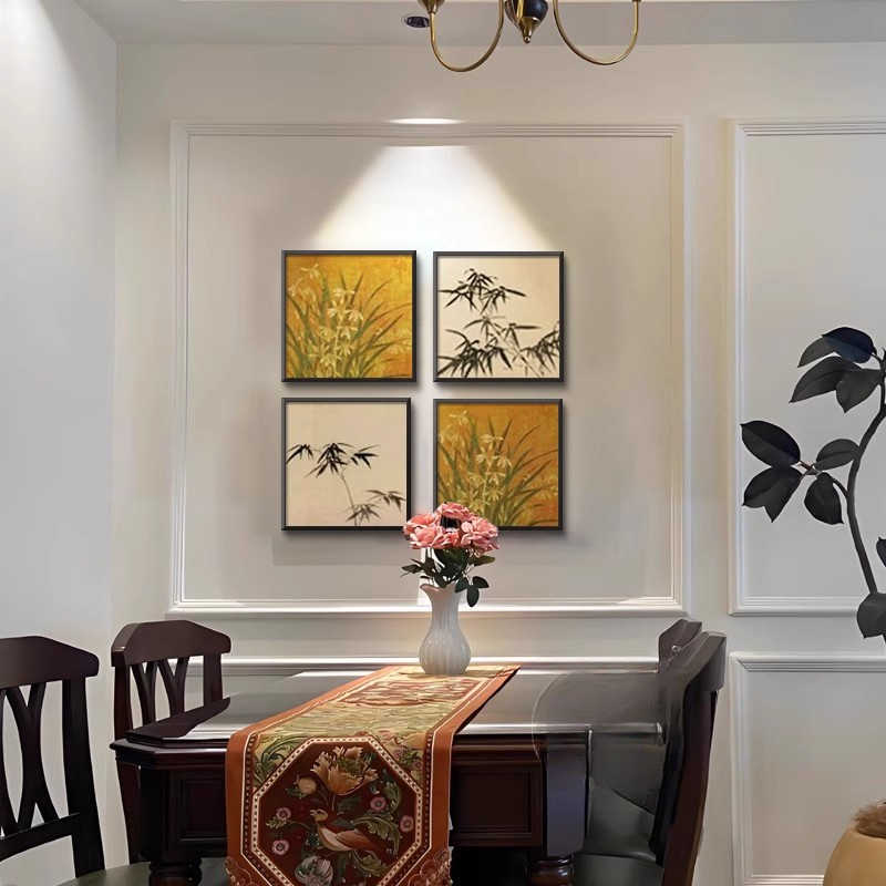 宋氏美学竹子挂画中古风客厅玄关双联装饰画高级感餐厅背景墙壁画