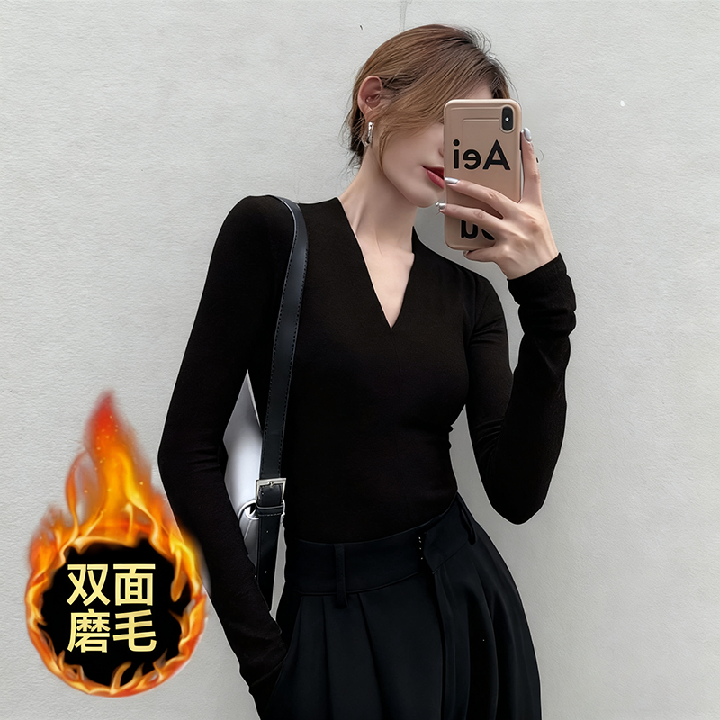 黑色V领打底衫女2026新款早秋修身高级感螺纹打底衫秋冬内搭上衣