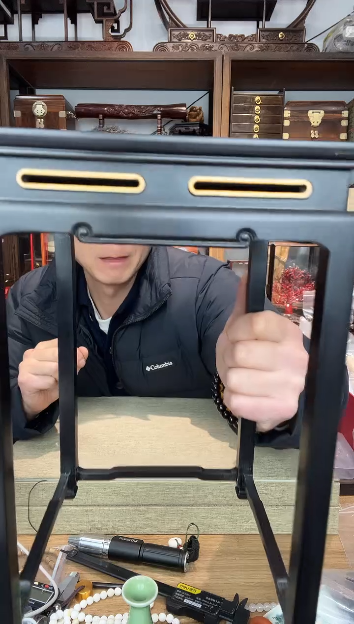 乌木类书架994紫光檀嵌黄杨花架16*26.5   