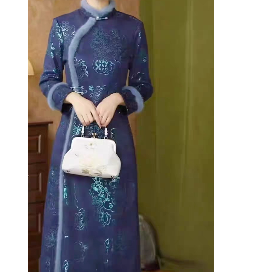 YY-冬款蓝色加绒烫金印花不开叉旗袍