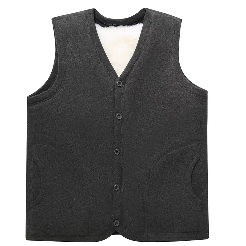 可拆卸羊皮毛一体免烫纽扣V领马甲宽松型原色纯色厚款保暖透气