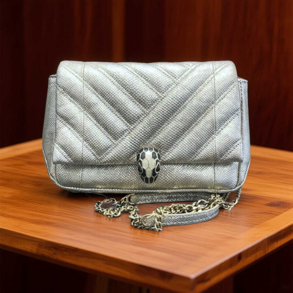 95新 BVLGARI/宝格丽  香槟银色蛇头链条包 1838 2516 