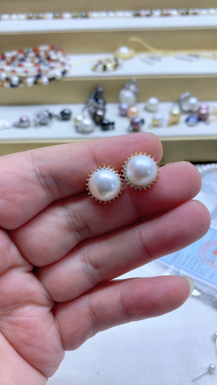 银S925镶嵌耳饰淡水珍珠10-11mm