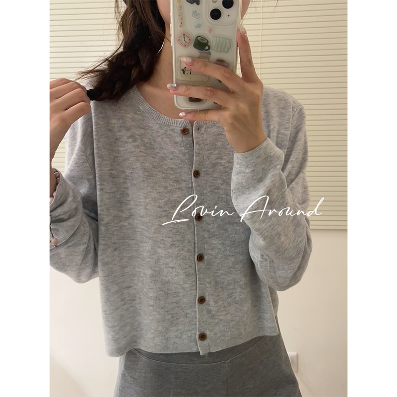 WANZI-绵羊毛针织衫开衫女显瘦长袖时尚百搭纯色圆领休闲毛衣