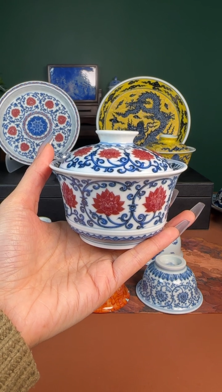 【闪购商品】杯勤义堂 青花 釉里红 马蹄 盖碗 