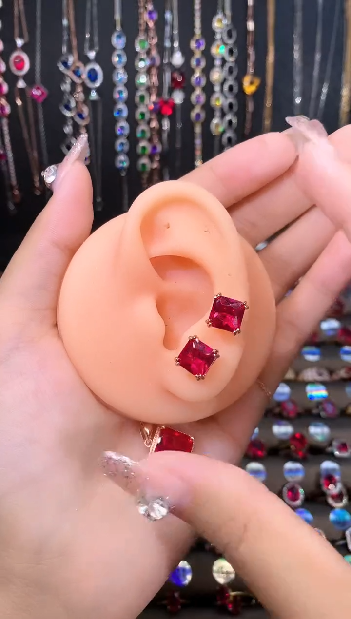 耳饰银S925镶嵌红宝石8玫瑰金