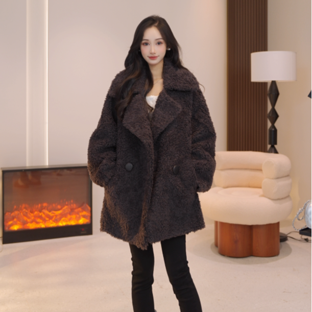 Basic House/百家好2024秋冬新款时尚特调色翻领颗粒绒外套WD267