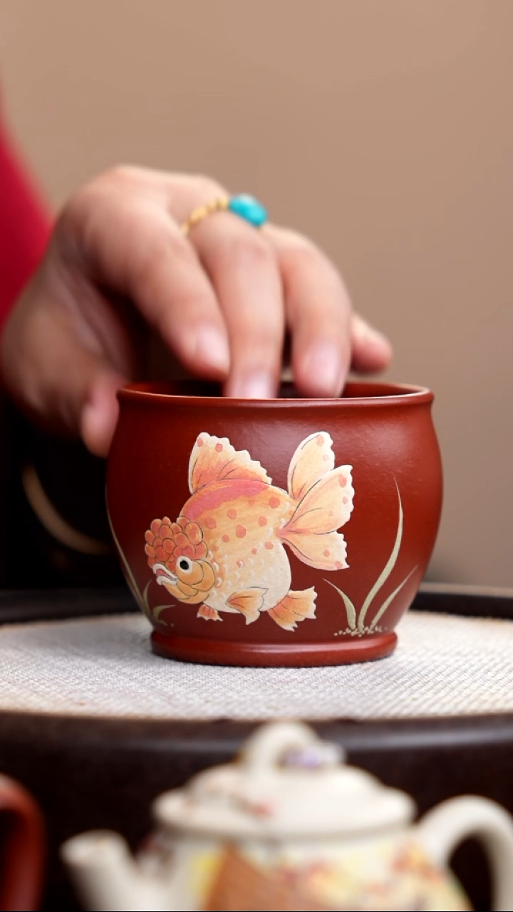 茶壶紫砂朱泥金鱼汉瓦杯