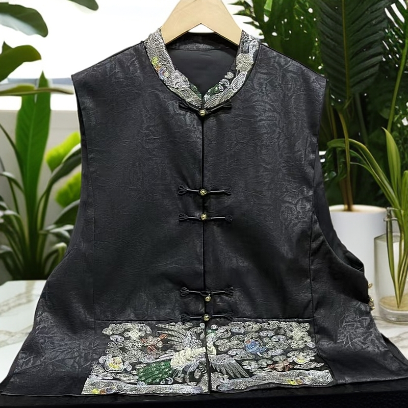 新中式春夏复古重工刺绣马甲女装立领盘扣薄款坎肩无袖民族风马夹