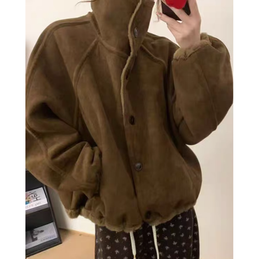 厚实皮毛一体ins长袖加绒网红秋冬棉服短款棉衣厚款女装上衣外套