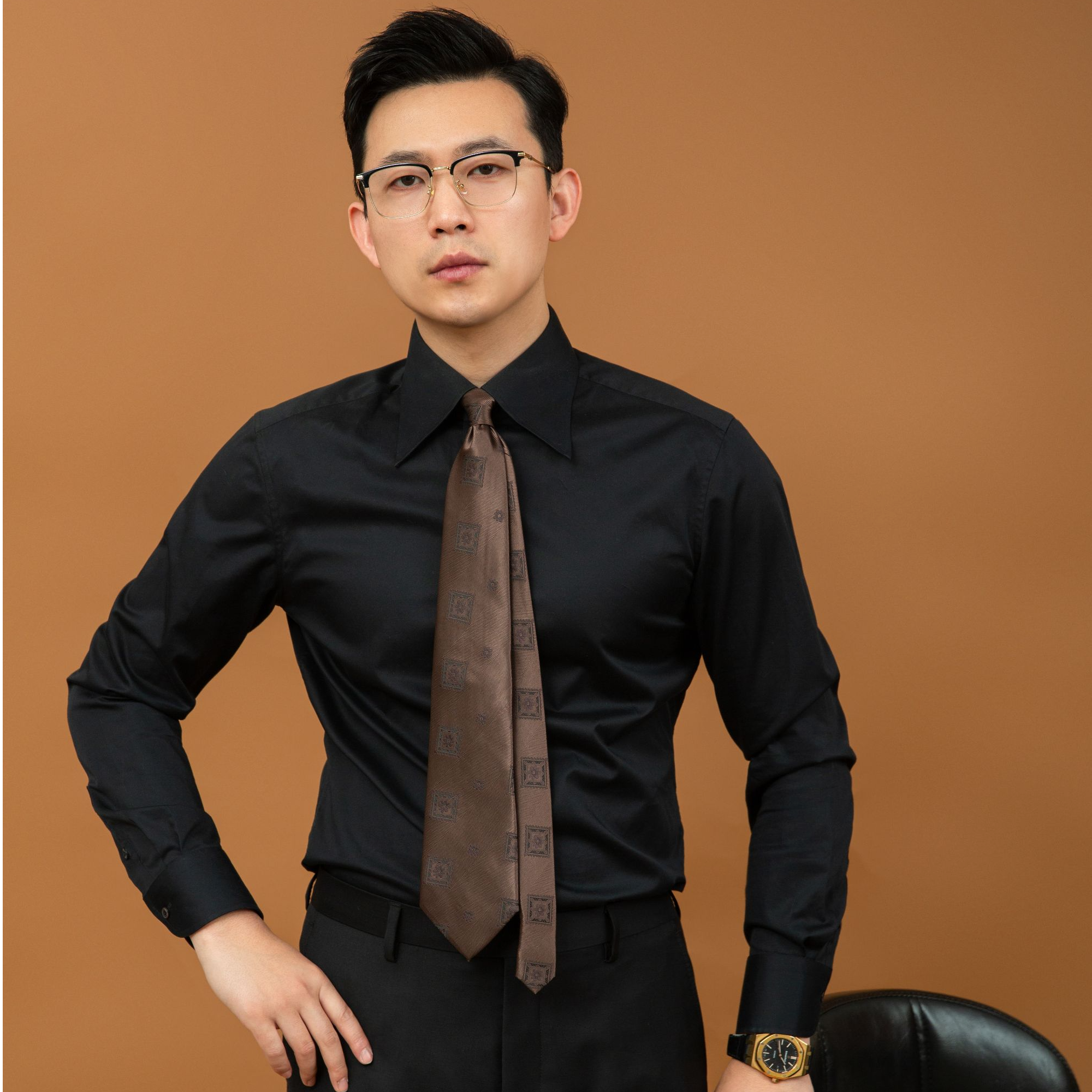 【黑色】新款男士大尖领衬衫衬衣休闲轻奢商务修身