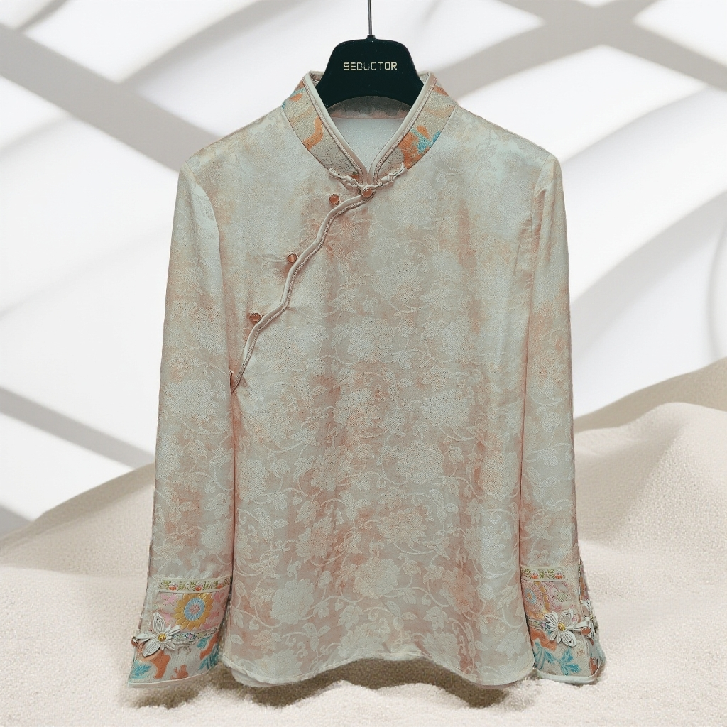 原创桑蚕丝螺钿花罗立领手工盘扣袖口刺绣衬衫上衣女