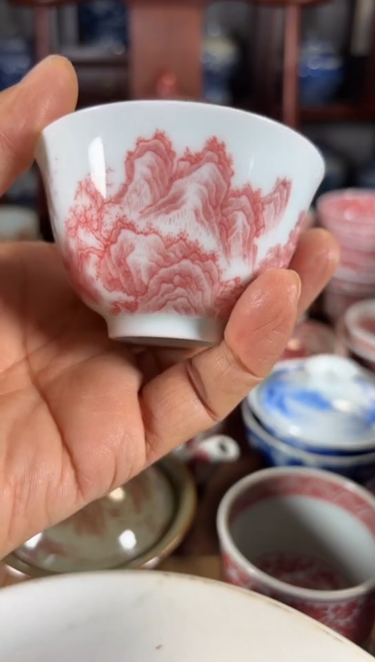 柴窑釉里红山水杯杯