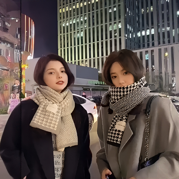 经典千鸟格双面围巾秋冬季围巾女保暖针织围脖百搭时尚情侣