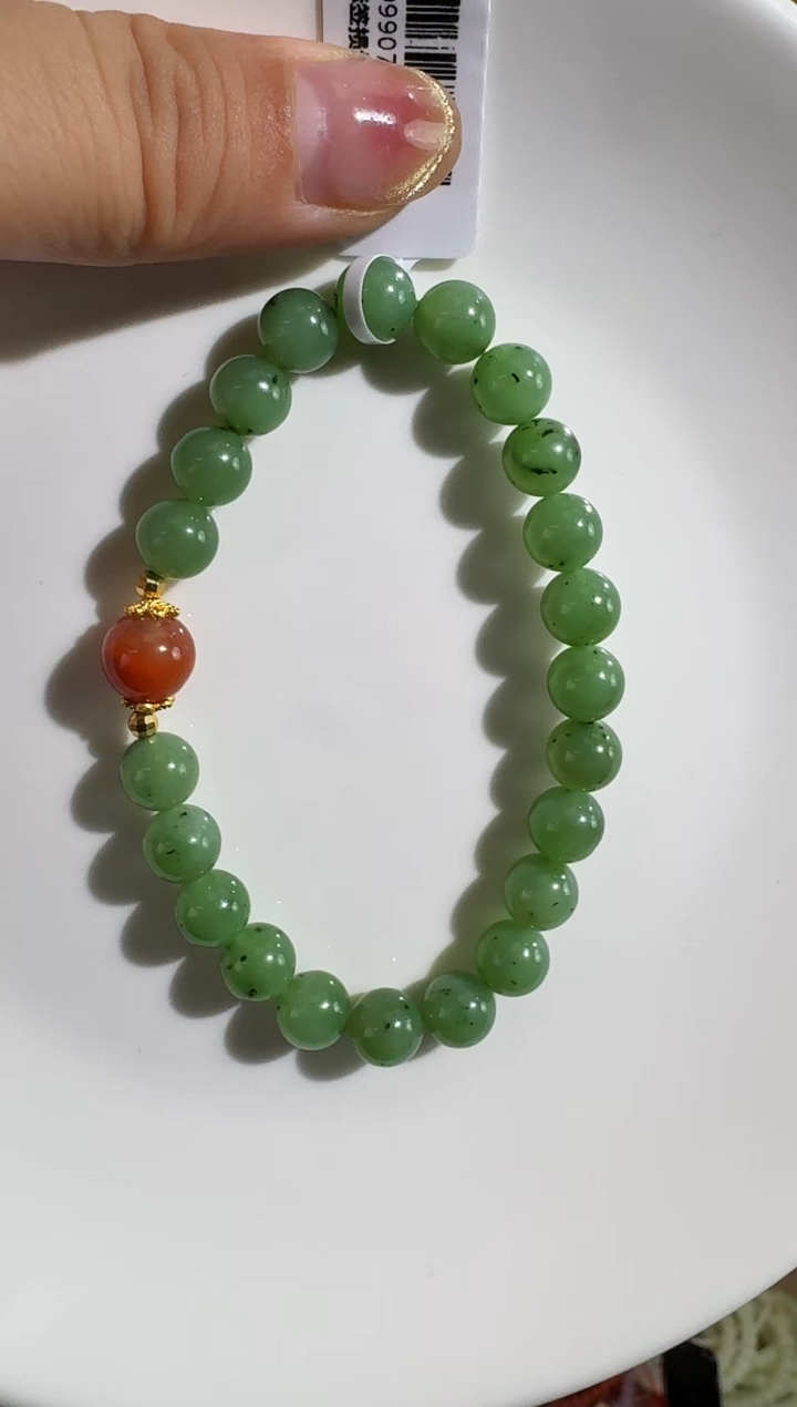 银S925镶嵌手串和田玉约8mm乌兰海苹果绿南红单圈手串多样性发一
