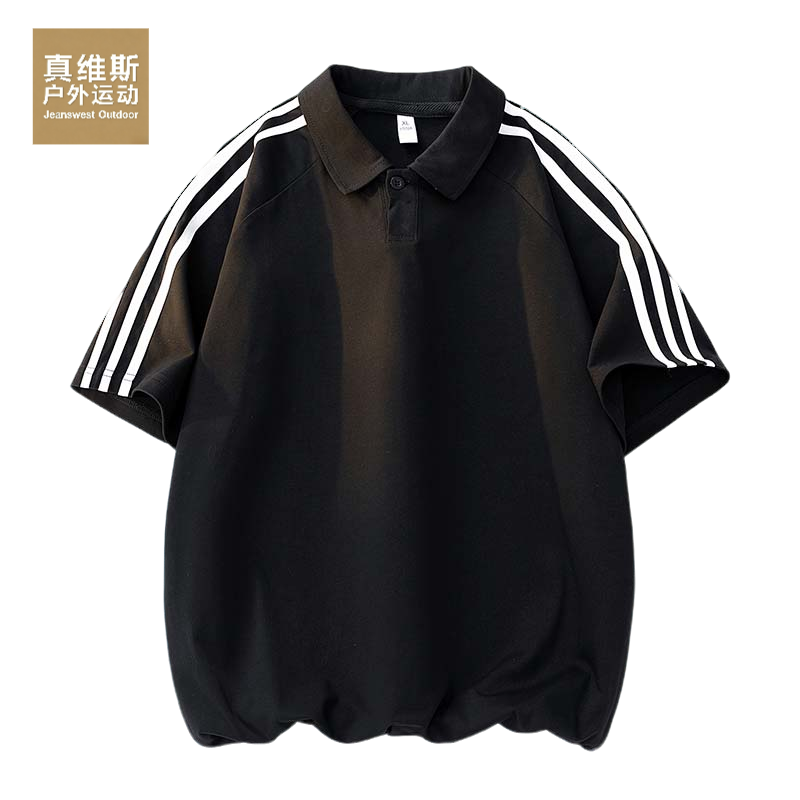 真维斯户外运动条纹夏季拼接短袖男士t恤翻领情侣运动上衣服大码