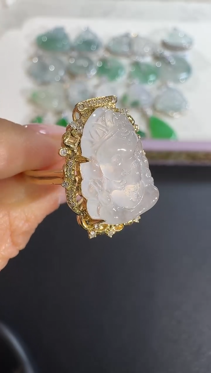 【闪购商品】翡翠戒指18K金镶嵌【源头工厂】钻石镶嵌象神