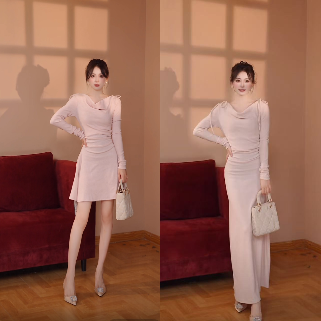 【替换】【无拉链】韩系荡领蝴蝶结抽褶连衣裙优雅裙D3963