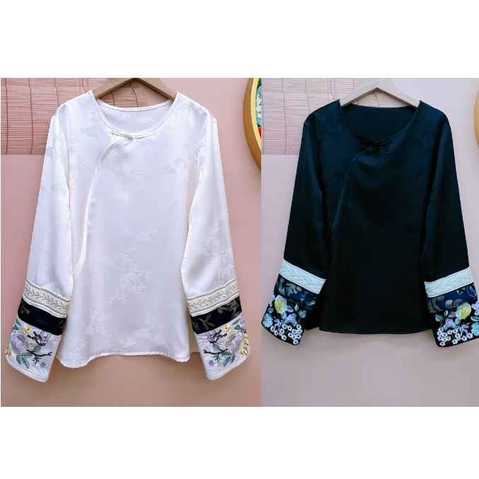 袖口刺绣衬衫女士上衣中国风日常百搭T恤新中式