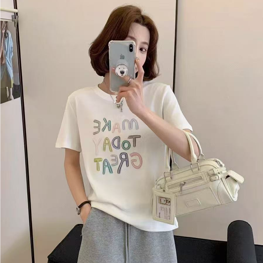 格子推荐~大版型甜美风彩色字母印花短袖T恤1025清仓