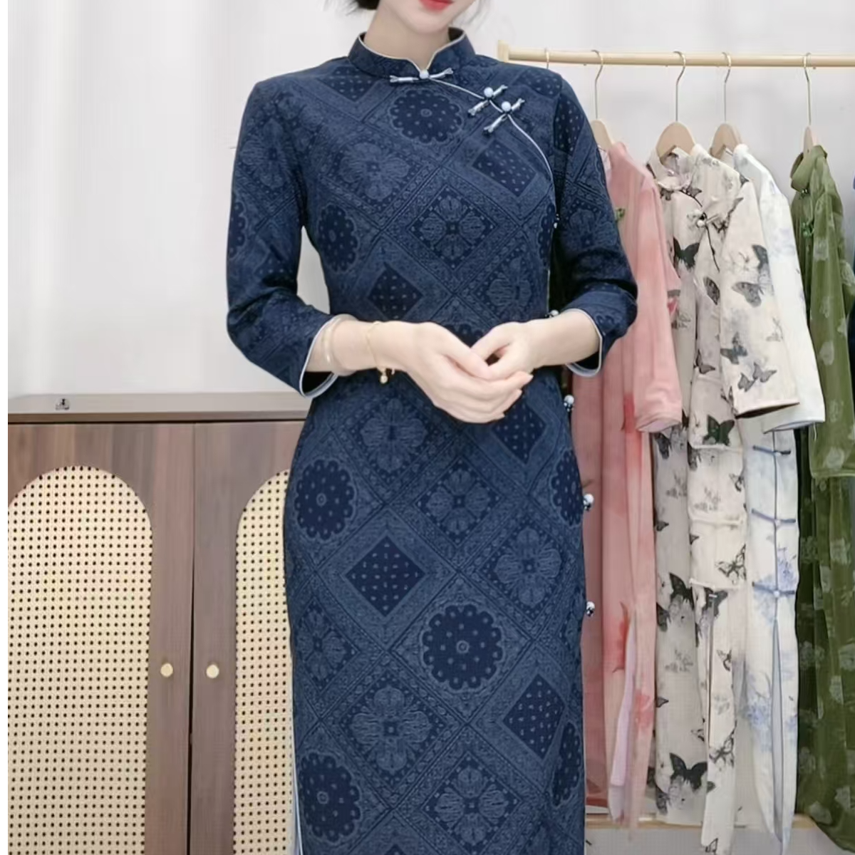 少女秋季印花复古日常显瘦气质修身港风旗袍中长款中国风