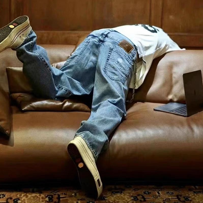 Mastermind暗黑高街水洗做旧破洞骷髅头双裤腰宽松直筒MMJ牛仔裤