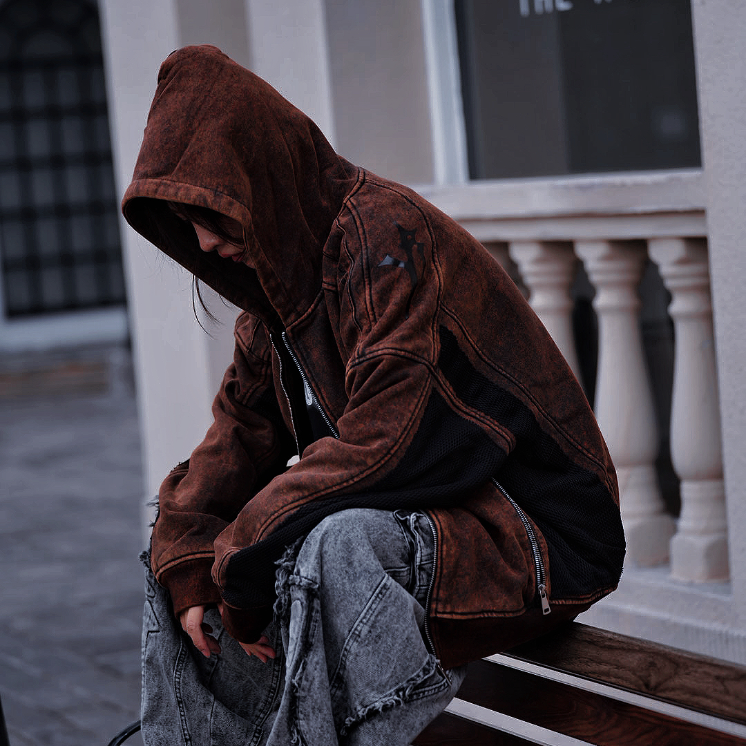 秋季男女同款潮牌宽松休闲连帽卫衣外套拼接百搭痞帅上衣长袖夹克