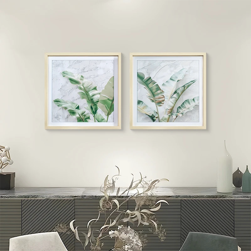 现代木框装饰画沙发背景墙客厅卧室床头挂画两联叶子4040