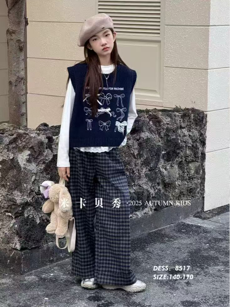 女秋季格子常规单排扣套头套装洋气毛衣女童韩版休闲