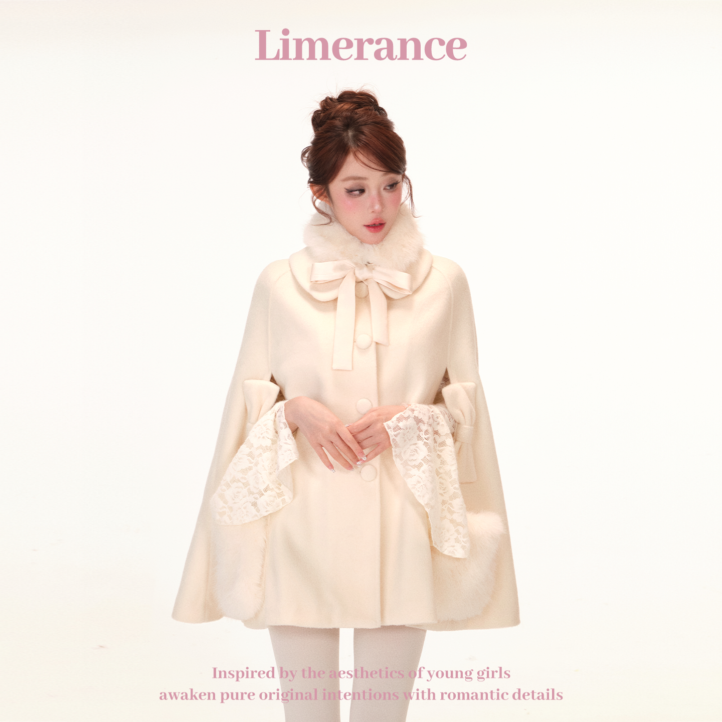 甜梨呆呆富贵千金风夹棉斗篷大衣可拆卸毛毛口袋秋冬毛毛围脖款