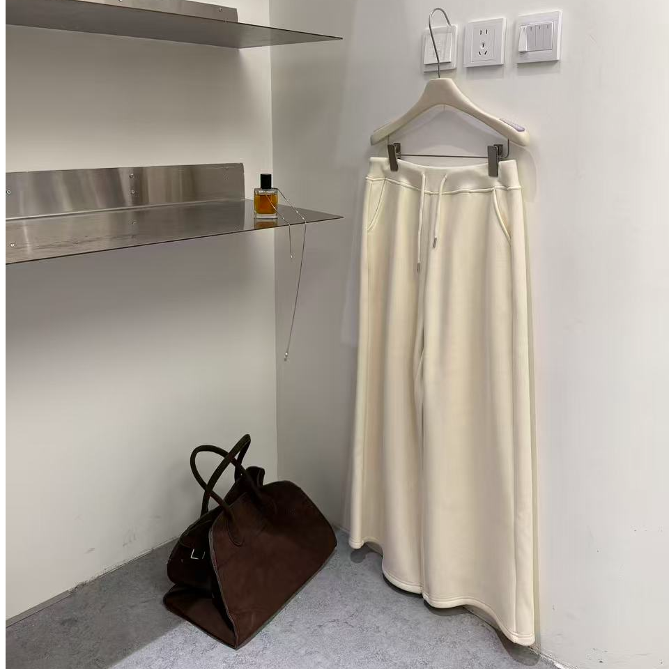 大码加绒阔腿裤立体剪裁老钱风休闲裤女装简约女士纯色