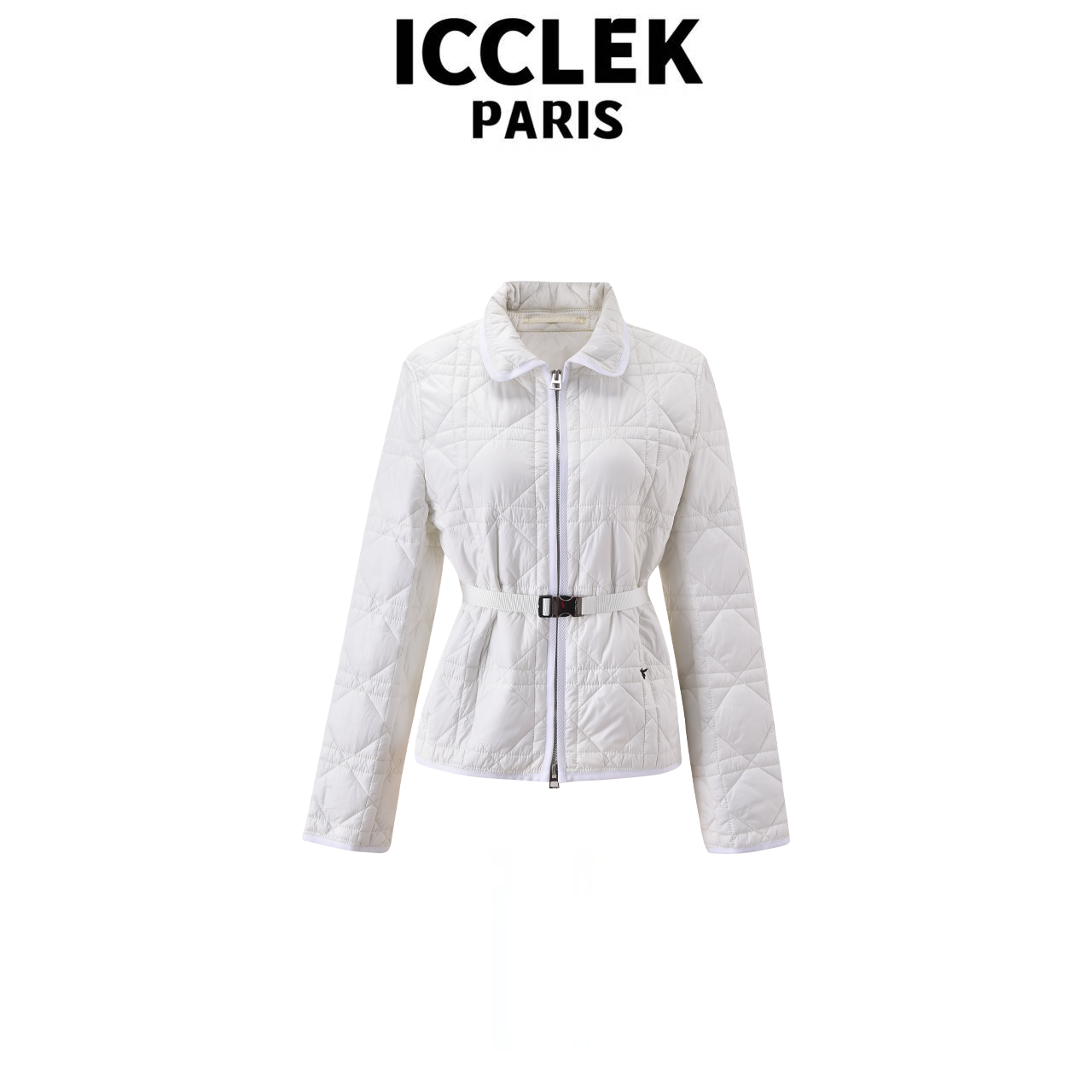 ICCLEK 设计师款白色格纹翻领腰带羽绒外套减龄百搭气质上衣-9319