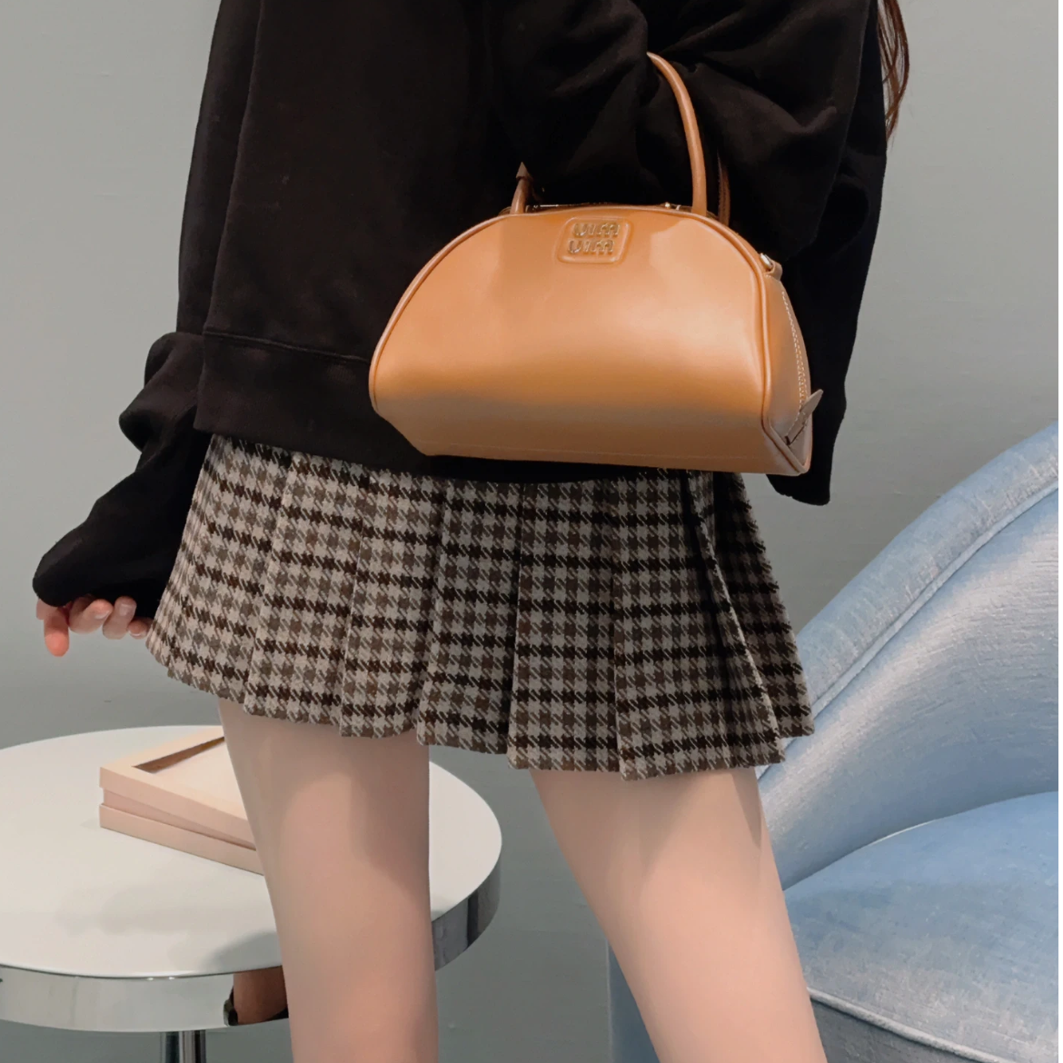 未使用 MIU MIU/缪缪 23ss复古格纹百褶裙 灰色/38