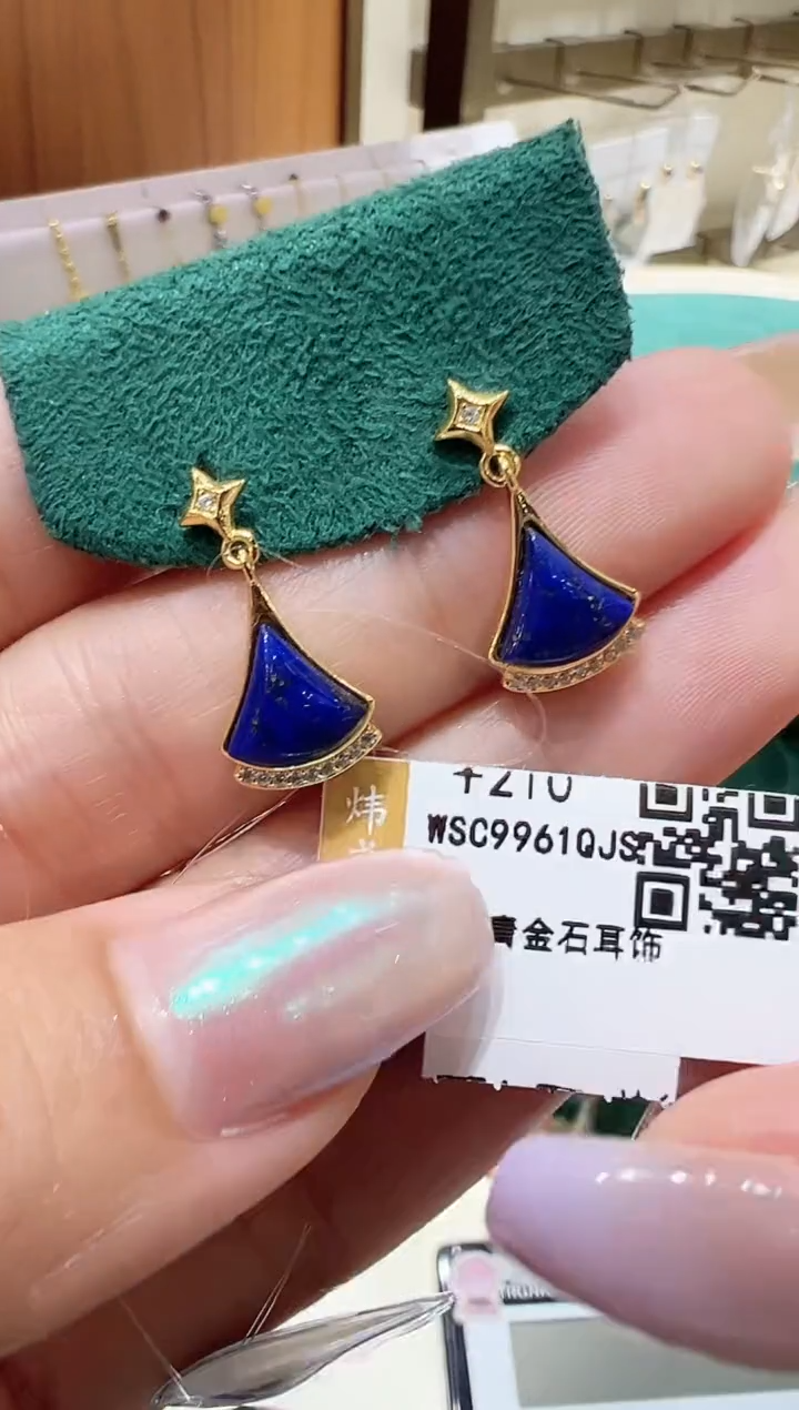 银S925镀金镶嵌青金石耳饰@@