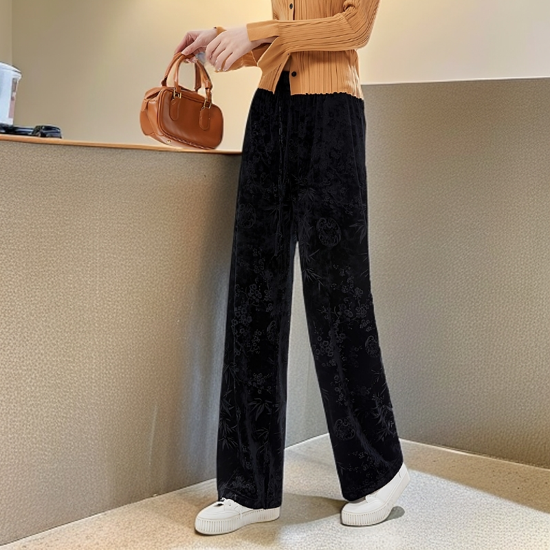 春夏爆款窄版阔腿裤富贵竹金钻绒直筒裤显瘦压花垂感直筒休闲裤女