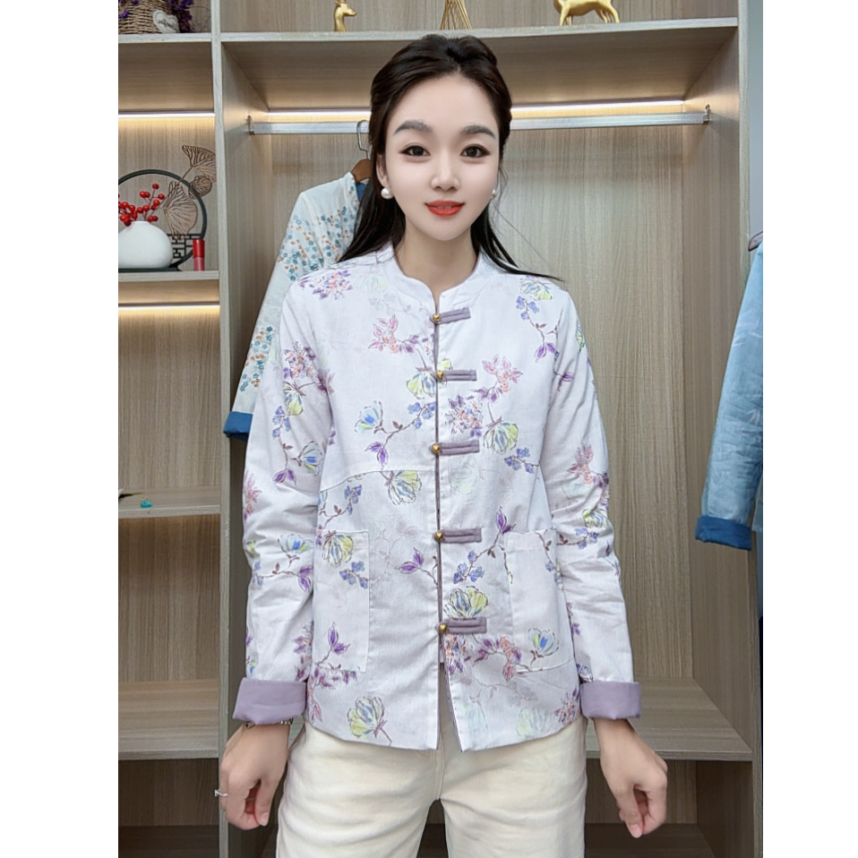长袖保暖厚款女印花常规挽袖棉服套装立领中式女士