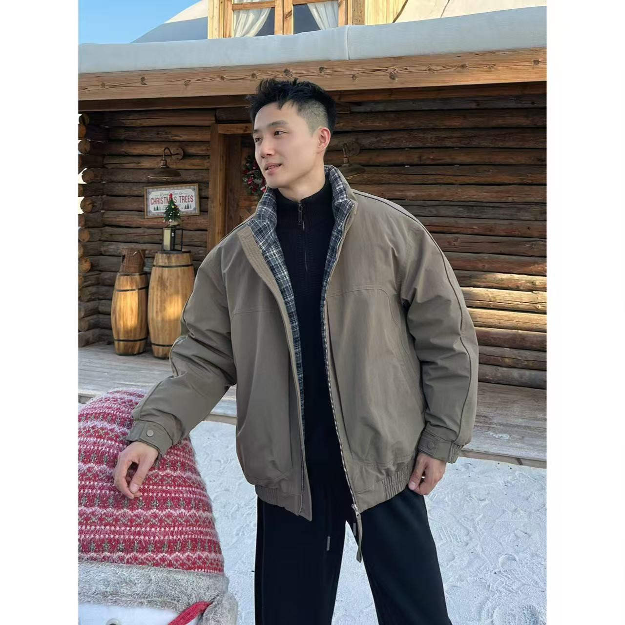 BIG林25ss冬季户外条纹格设计90白鸭绒聚热锁温防风羽绒服外套