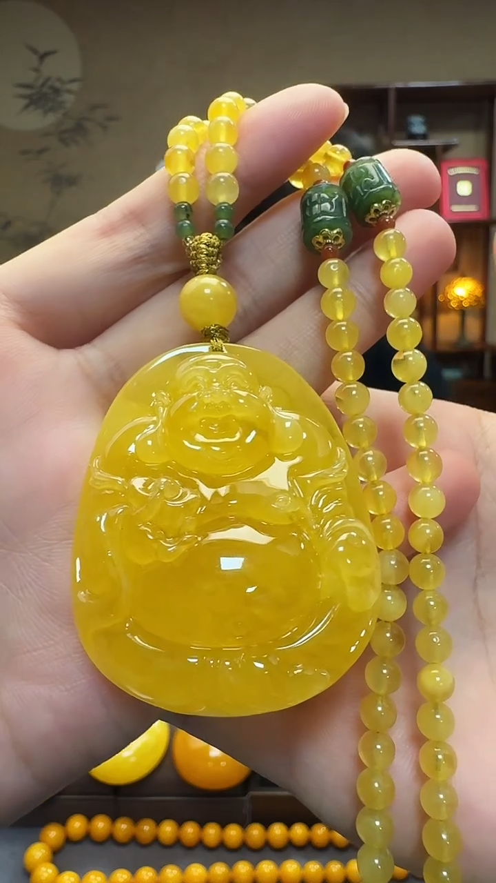 蜜蜡吊坠(赠链)未镶嵌天然保真蜜蜡笑佛套装