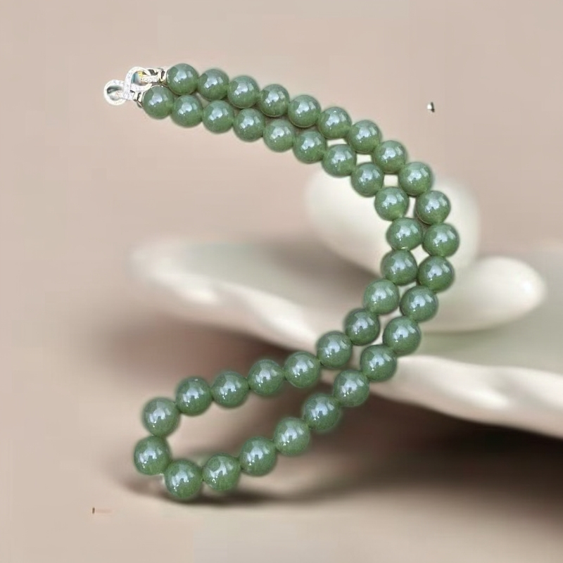 【佳玺壹店】014 天然玉石妈妈链 湖水牛油果绿 12mm