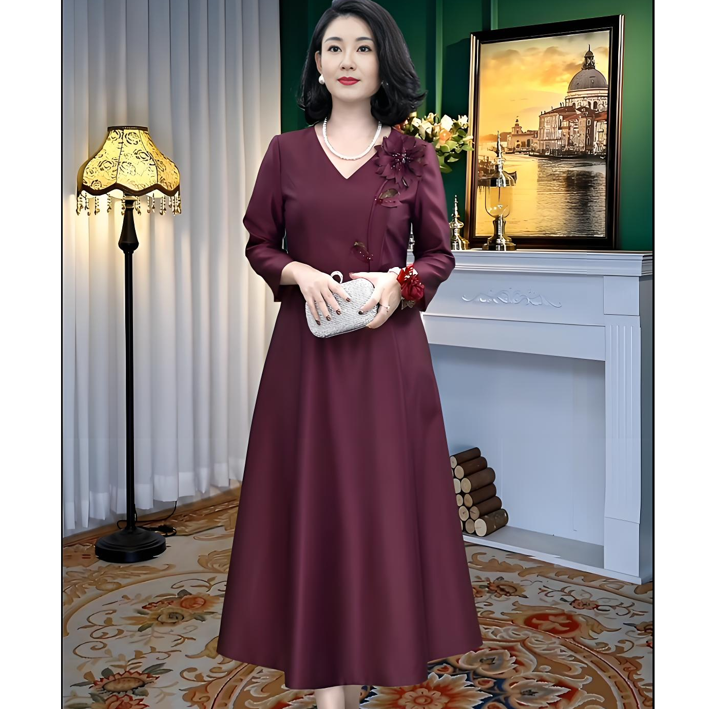 Rufei如翡高端长款妈妈装礼服高贵连衣裙新款洋气长裙显瘦喜服群