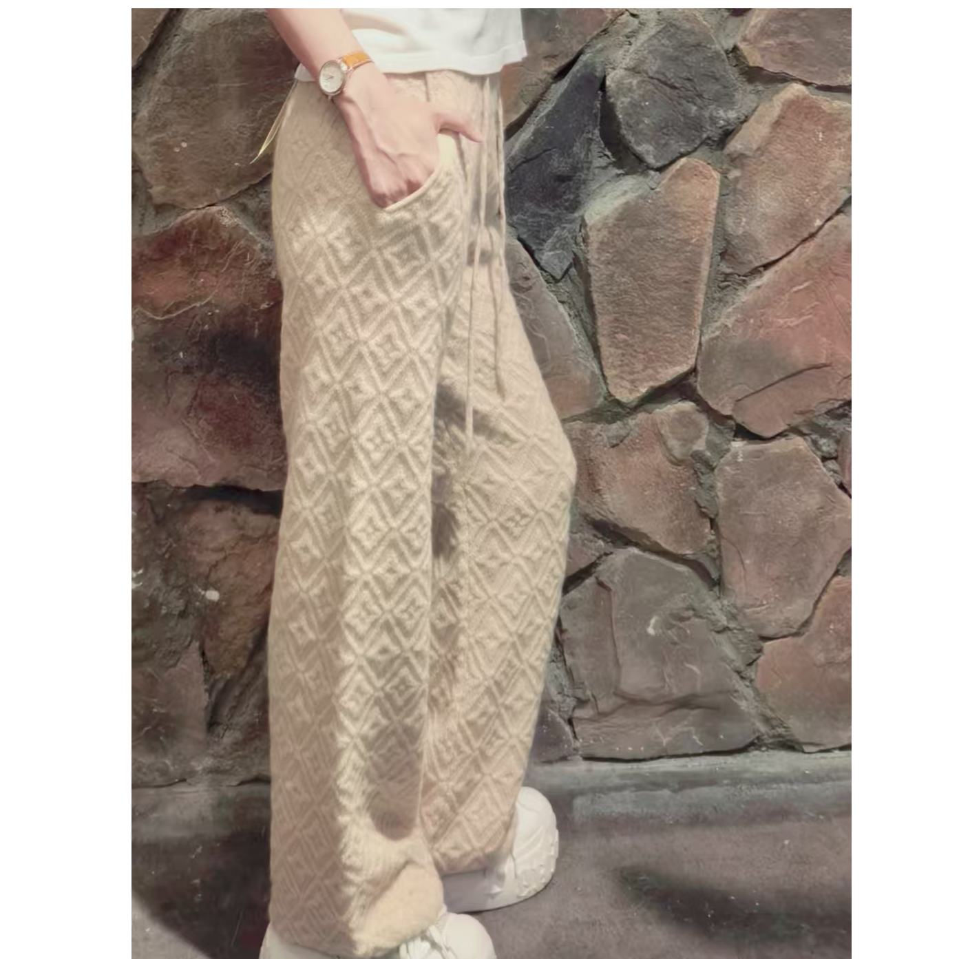 【顶嘉嘉羊绒】256666-100山羊绒立体老花浮雕圈圈绒羊绒裤