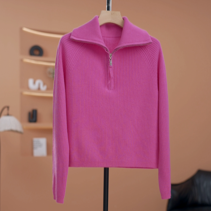 【霖霖】100%羊毛翻领针织开衫2025年秋冬新款长袖半拉链上衣Y19709