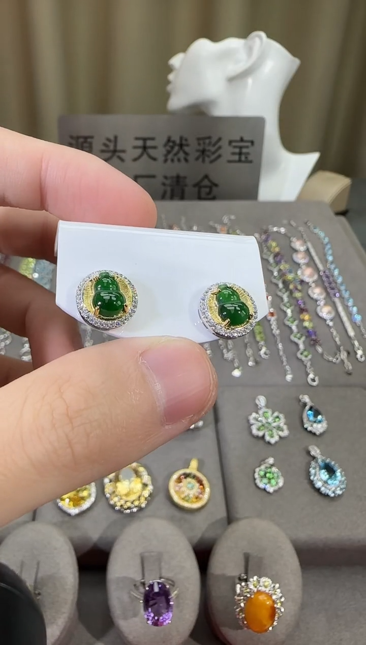 银S925镶嵌翡翠耳饰10mm耳钉简约款