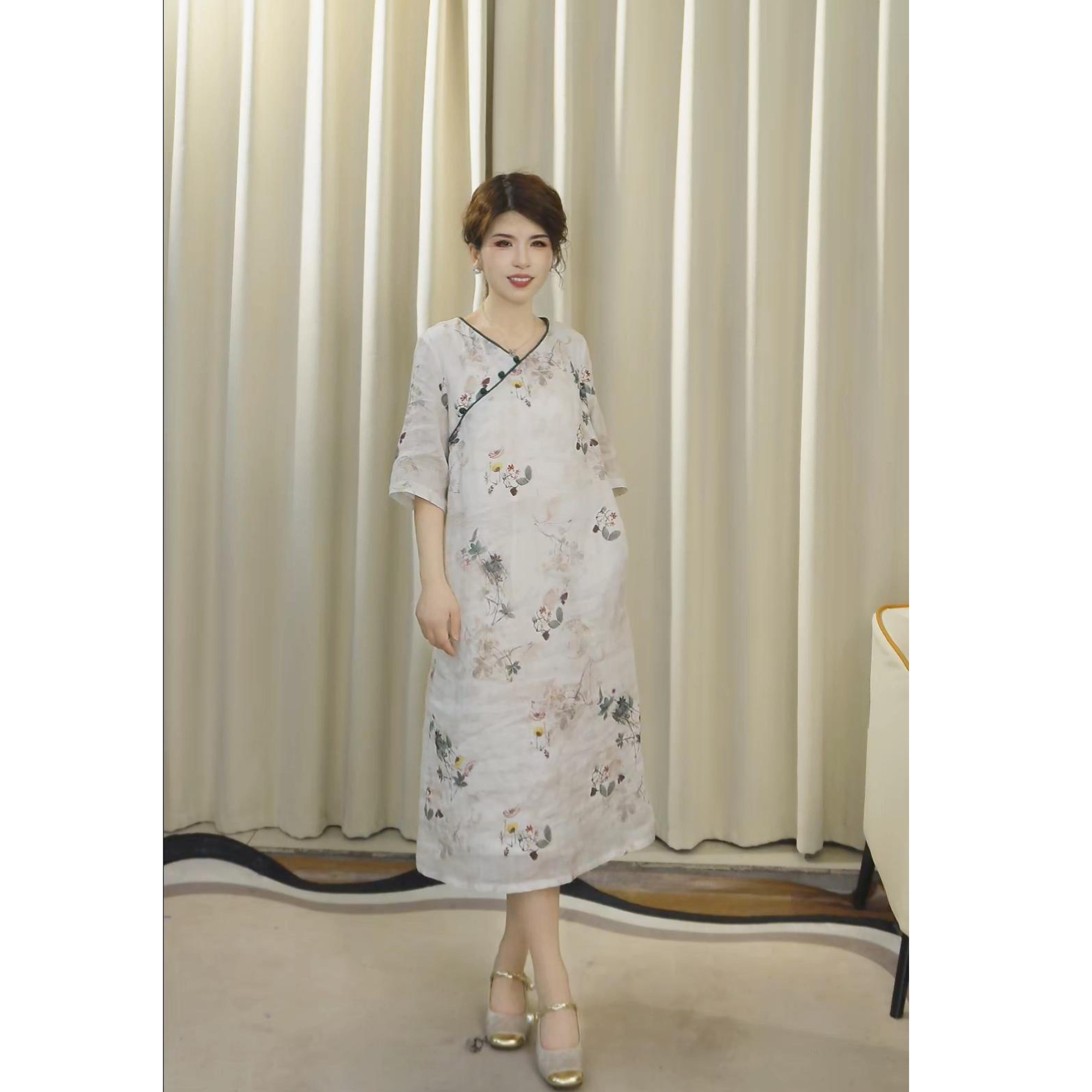 小个子（143--156）100%苎麻新中式夏季印花中长款V领复古连衣裙