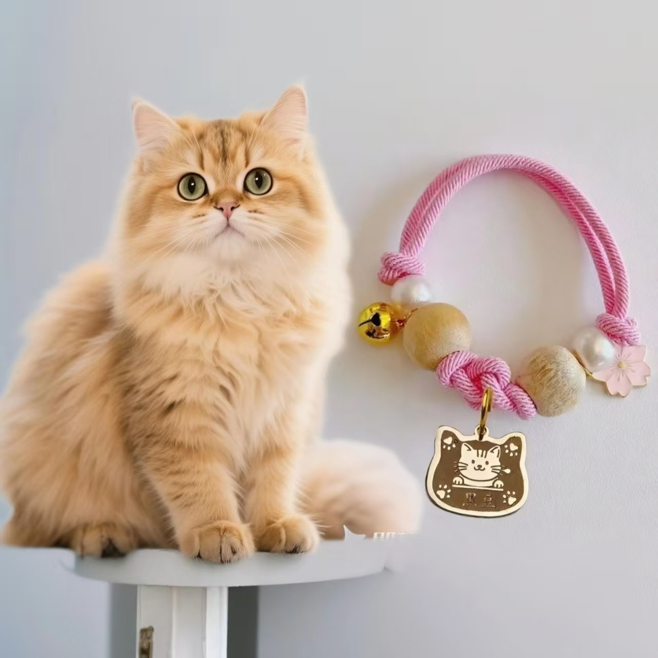 珍珠驱虫猫猫头形状宠物牌定制项链项圈脖圈红绳驱虫铃铛小猫
