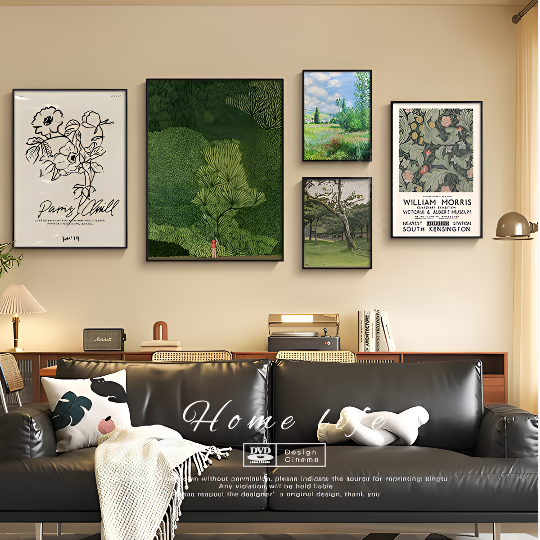 中古风客厅装饰画复古艺术沙发背景墙面壁画绿色摄影风景组合挂画