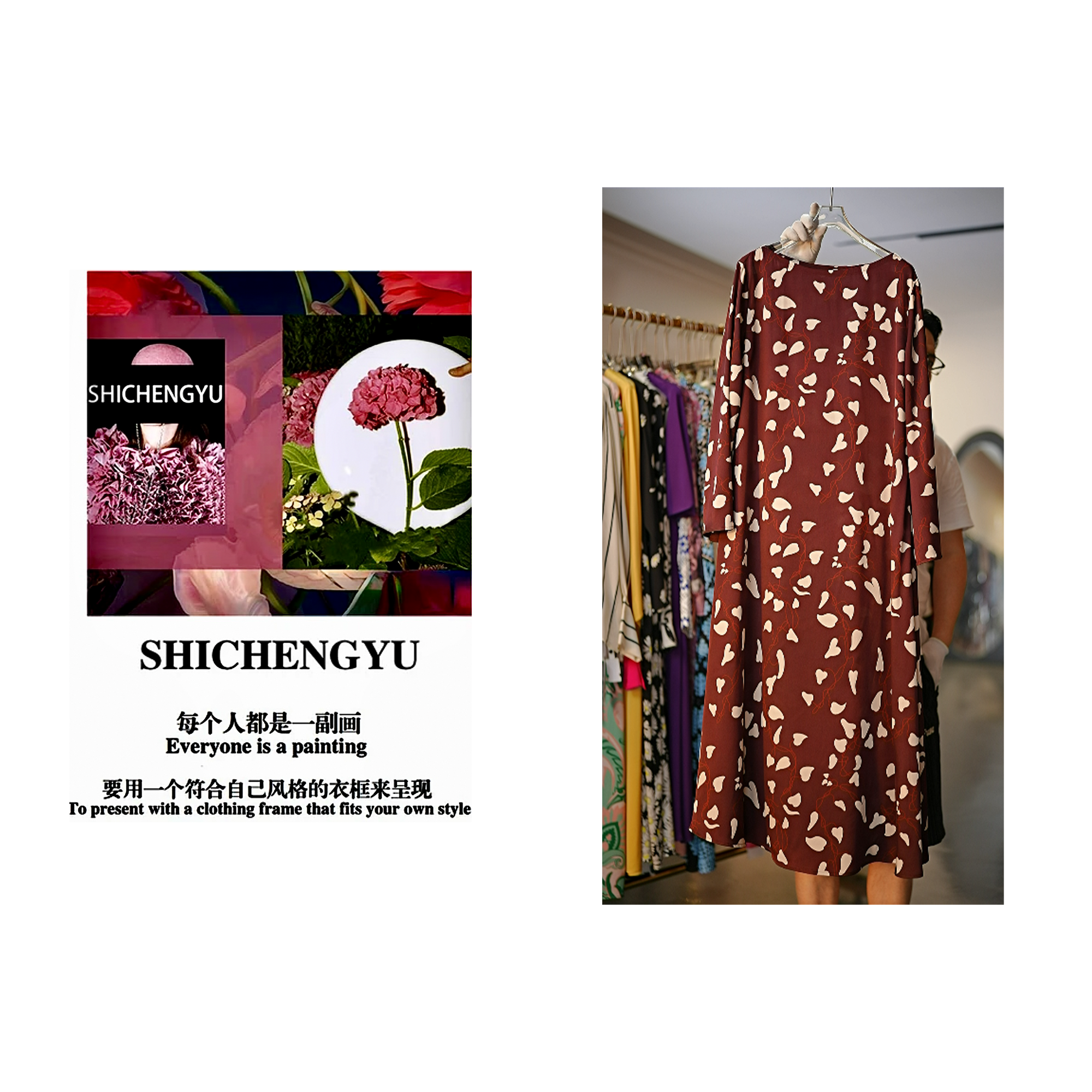 D009时尚设计师新款「飘落花瓣」一字领连衣裙