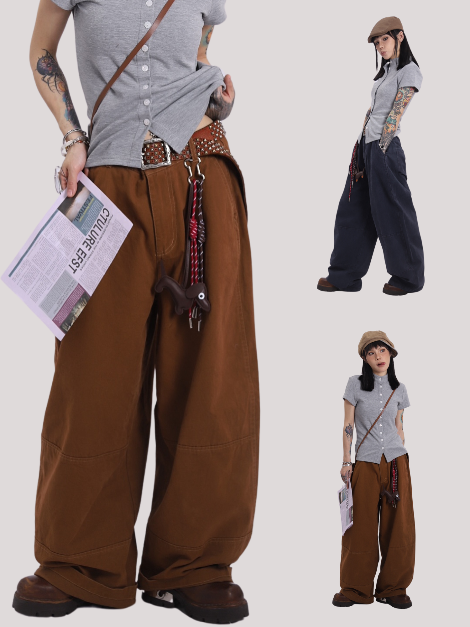 happyes"我有一只腊肠狗"美式复古绒感阔腿裤/日系夏季复古百搭